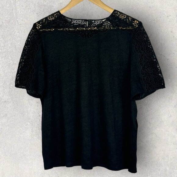 Sezane Lorena 100% Linen Black Top Size XL Lace Embroidery Short Sleeve Blouse - Picture 4 of 12